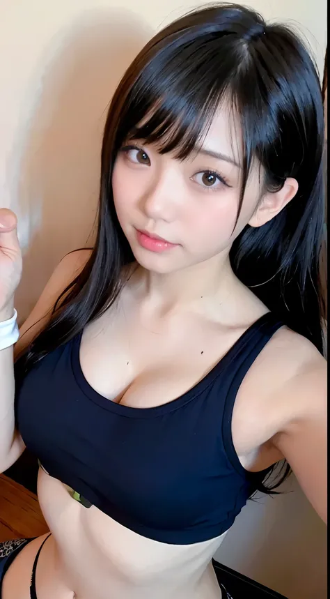 (highest quality、8K、32K、masterpiece、nffsw:1.2)、photo of cute japanese woman、very big breasts:8.0(long black hair)、surface focus、(sports bra)background、From above、looking at the viewer、cleavage 8.0.balanced body、lying in bed、Hide the nipples with your hands