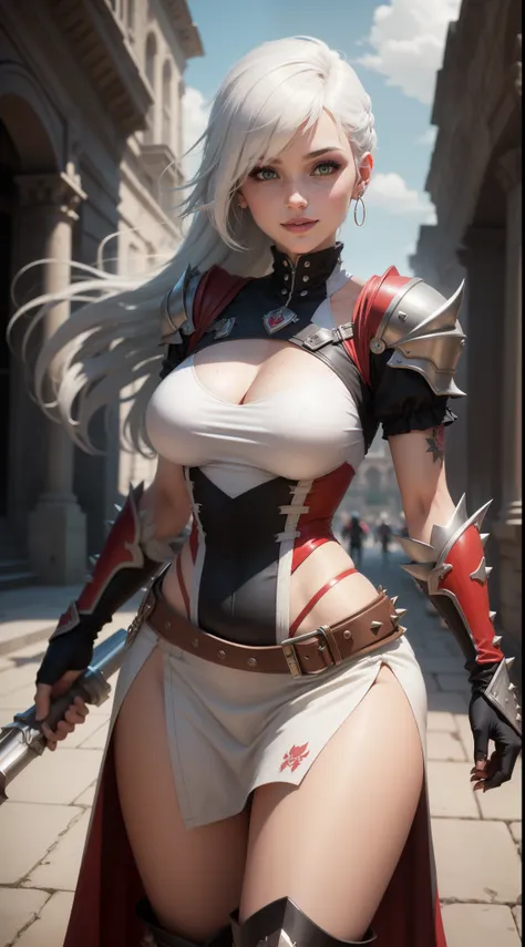 gwen tennyson,yorha 2b,tracer,yshtola rhul,overwatch,assassins creed,close up, roman coliseum,coliseum arena,tattoos,white and red plugsuit,white short sleeve gladiator top,white and red long gladiator coat,spiked armor,long gladiator skirt,gladiator corse...