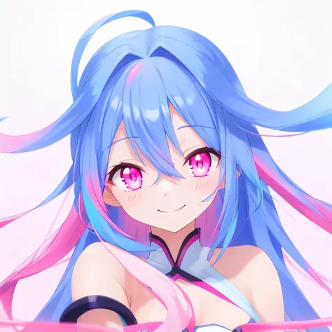 Long blue-pink gradient hair，evacuate，Smile，pink eyes，