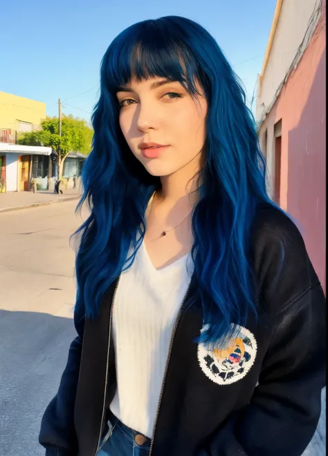 24-year-old girl, con cabello largo azul, piel perfecta, Walking the streets of Mexico, sudadera negra