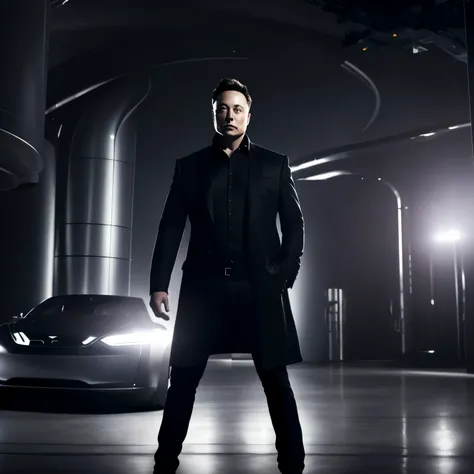 elon musk looking down at his phone, standing, full body shot, side view, ultrarealistic, dark ambience