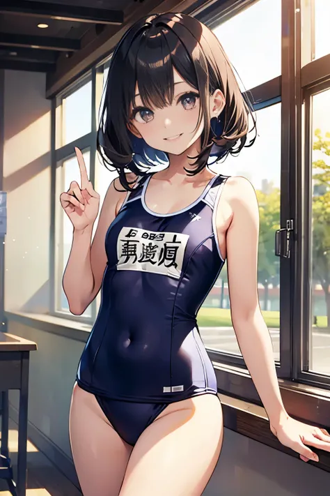 High quality、highest quality、complete limbs、Ultra high definition、Shining eyes、Full hands and fingers、slender beauty、smile、smile、Wearing a school swimsuit、shiny skin