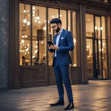 ceo of tiktok typing on his phone, standing, full body shot, side view, ultrarealistic, dark ambience