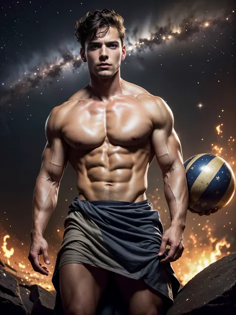 Photorealistic, ((best quality)), ((masterpiece)), (detailed),masculine portrait of Atlas, Atlas, carrying the planet Earth, fully naked, nude, side view, holding the planet Earth on his back, muscule, ripped, strong body, fit body, 1boy, outer space backg...