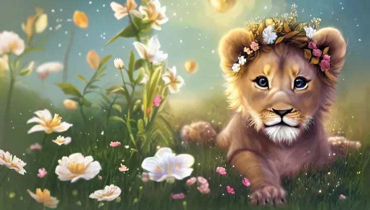 there is a lion with a crown of flowers on his head, Cute lion, adorable digital painting, beautiful animal pearl queen, arte digital detalhada fofa, arte digital fofa, Animais bonitos detalhados, flor , linda arte, lion with crown, ela tem uma coroa de fl...