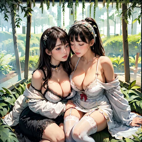 18 year old female、2 women:2.0、sisterhood:2.0、Two girls kiss:2.0、sisters kissing、nestle:2.0、hug each other、Bian、fantasy、official art, Unity 8K Wall , Super detailed, beautifully、beautiful, masterpiece, highest quality, realistic、Thighs seen through the sli...