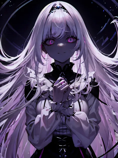 white hair pink eyes　strange beautiful girl　dark world　smile　scared　very long hair　spiraling staircase　dark fantasy