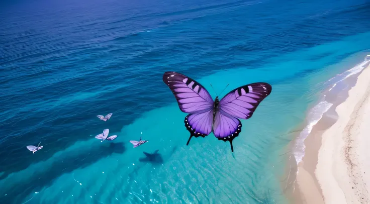 Purple butterfly dancing on the blue sea, aerial effects, HD, 8k-v6