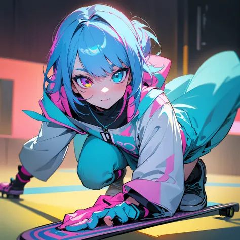 《masterpiece》, 《best quality》, 《ultra-detailed》, 《perfect face》

 1girl, neon style, blue neon style, neon tokyo, Skateboard , Skateboard girl, Blurred background, On top of the skateboard, On top of the skateboard, neon jacket, heterochromia eyes,