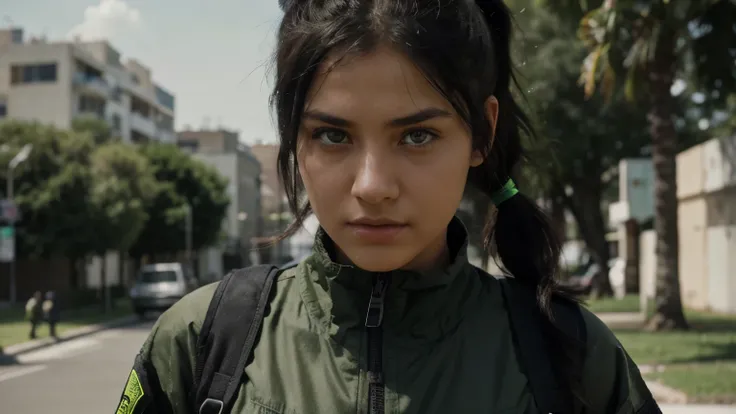 Cinematic image of a teenage girl with bright green eyes and black hair in a ponytail wearing a tactical jumpsuit