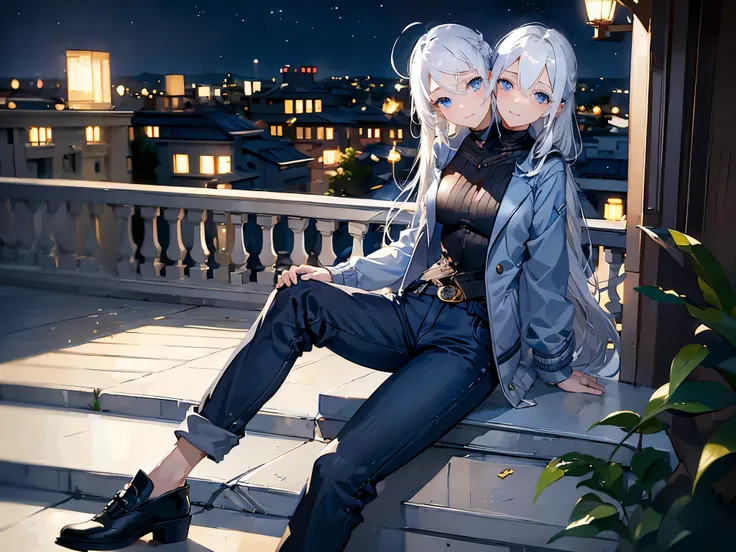 (masterpiece, best quality), best resolution, (2heads:1.5), 1girl, relaxed, happy, white hair, blue eyes, gray jacket, black pants, leaning on a balcony railing, starry sky at night, focus on the sky