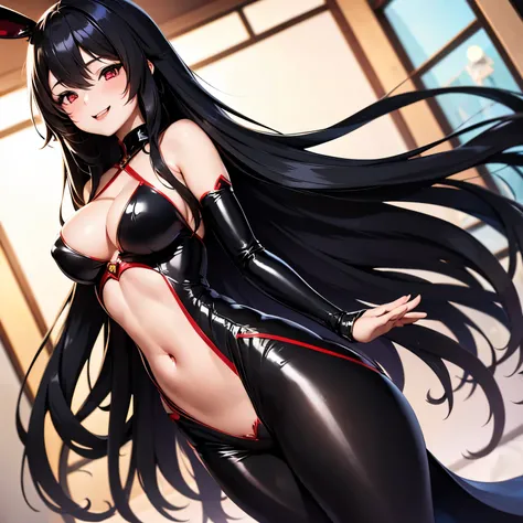 Anime Girl, Black Long Hair, Red Eyes, Smile, Beauty, Hourglass figure, bunny suit cosplay, from view, beautiful