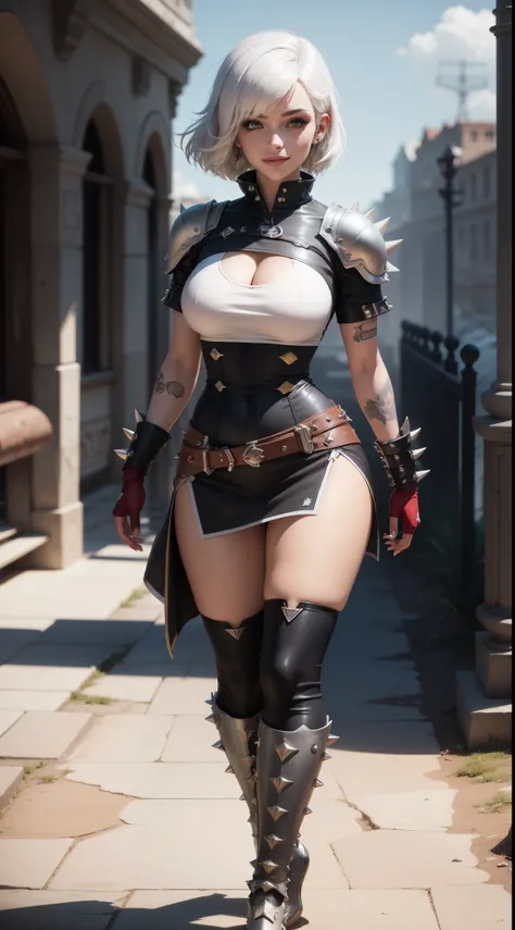 gwen tennyson,yorha 2b,tracer,yshtola rhul,overwatch,warcraft,close up,roman coliseum,battle arena,tattoos,white and red plugsuit,white short sleeve gladiator top,white and red spiked gladiator hoodie,full body spiked armor,spiked gladiator shorts,gladiato...