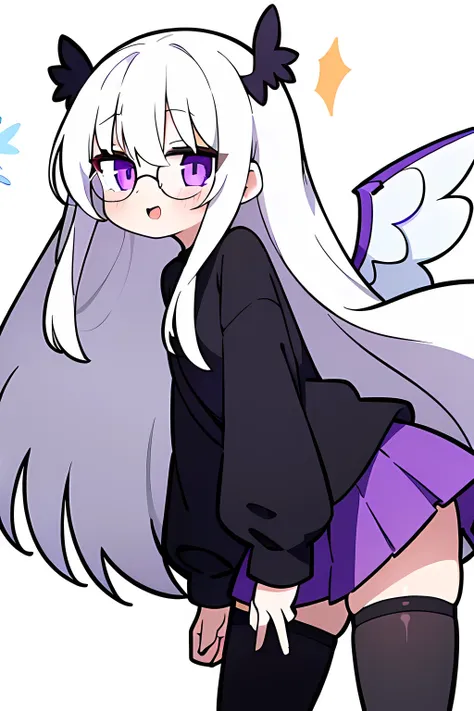 1girl, long white hair, violet eyes, wearing an oversized black shirt, purple skirt, happy, glasses, angel wings, white background, absurdres, high res, ultrasharp, 8k, masterpiece