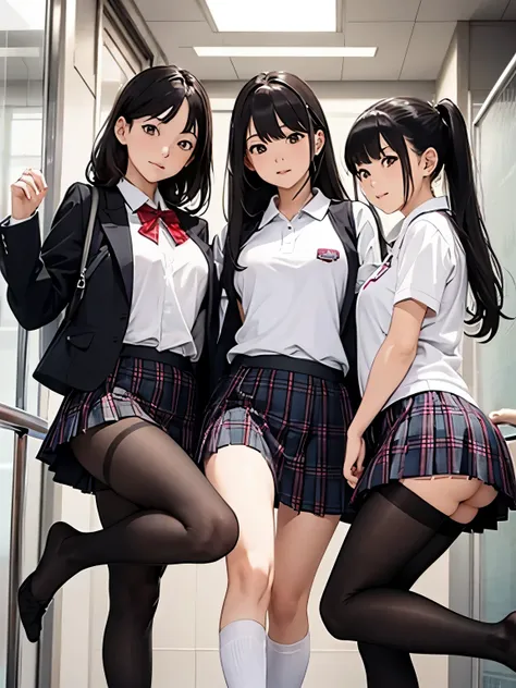 show entire body, feet in view, 3 female Japanese students, plaid skirts, polo shirts, school jackets, pantyhose, crowded party