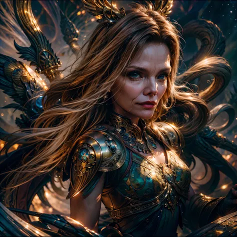 epic beautiful painting of michelle-pfeiffer as perfect gorgeous female warrior, shapeless long fullbody, perfect features, (wea...