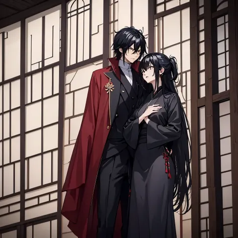 a man in black clothes together with a woman, in a red japanese-style dress in a place full of bamboo