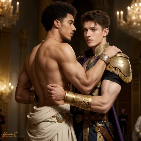 an interracial gay male couple of men in full royal garb romantic embrace, face to face, european and african, homoerotic, dariu...