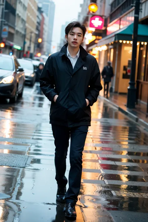 ((best quality)), ((masterpiece)), (detailed), Perfect face Front view of a man walking on a rainy street Eye level angle, Bustshot, 85mm lens