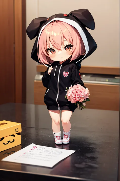 (Chibi:1.3), happy, (holding a bouquet), full body, (Kigurumi), indoors, on the table, (Nendoroid:1.1),