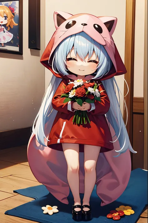 (Chibi:1.3), happy, (holding a bouquet), full body, (Kigurumi), indoors, on the table, (Nendoroid:1.1),