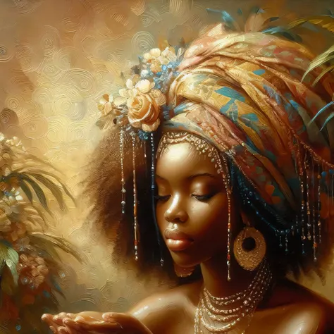 painting of a woman in a bathtub with a basket of flowers, black african princess, african queen, african princess, african woman, beautiful artwork, black art, stunning african princess, beautiful depiction, traditional beauty, gorgeous woman, dark skin f...