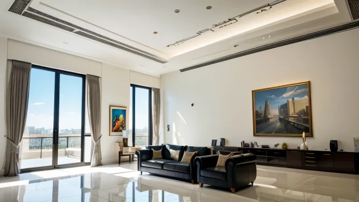 reception room，There is a wall in the middle of the reception room,The painting on the wall is in the middle, Paintings on the walls, skyscape, Large airy windows, large tile floor, large tile wall. Zaha Hadid and Santiago Calatrava landscape panoramic sty...