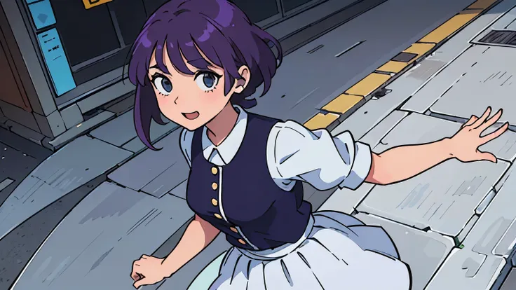 (melhor qualidade:0.8) Perfect anime illustration, Uma bela, mulher feliz com cabelo roxo longo ondulado na rua na cidade, vestindo um vestido branco com uma pose dando tchau