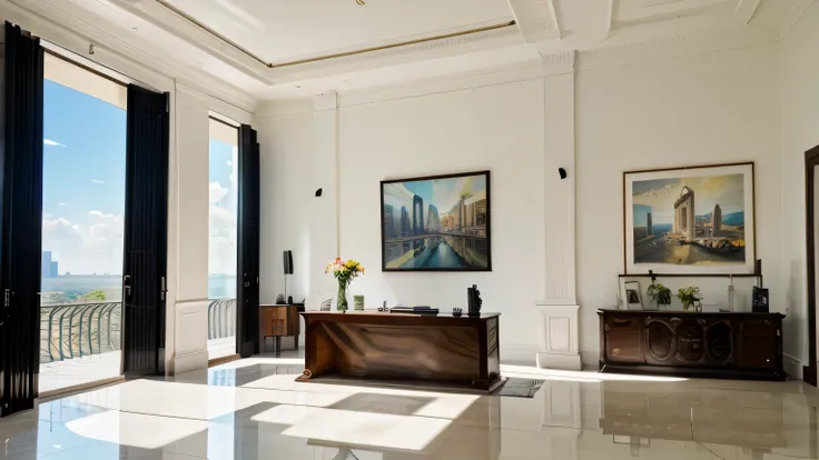 reception room，There is a wall in the middle of the reception room,The painting on the wall is in the middle, Paintings on the walls, skyscape, Large airy windows, large tile floor, large tile wall. Zaha Hadid and Santiago Calatrava landscape panoramic sty...