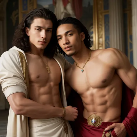 an interracial gay male couple of men in full royal garb embrace, closed eyes, royal kings, two men, european and african, darius zawadzki and tom bagshaw, inspired by Hedi Xandt, brown skin man egyptian prince, by Hedi Xandt, edmund blair and charlie bowa...