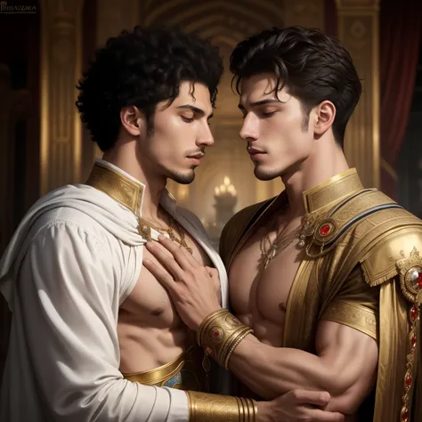 an interracial gay male couple of men in full royal garb embrace, closed eyes, royal kings, two men, european and african, darius zawadzki and tom bagshaw, inspired by Hedi Xandt, brown skin man egyptian prince, by Hedi Xandt, edmund blair and charlie bowa...