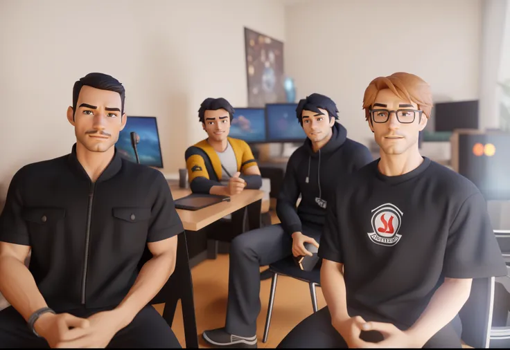 (masterpiece, best quality: 1.2) all young male character people sitting at a table with computers in a room, with techware, desktop background, group photo, digital artist, avatar image, stylized character, animation character, stylized 3d render, 3d char...