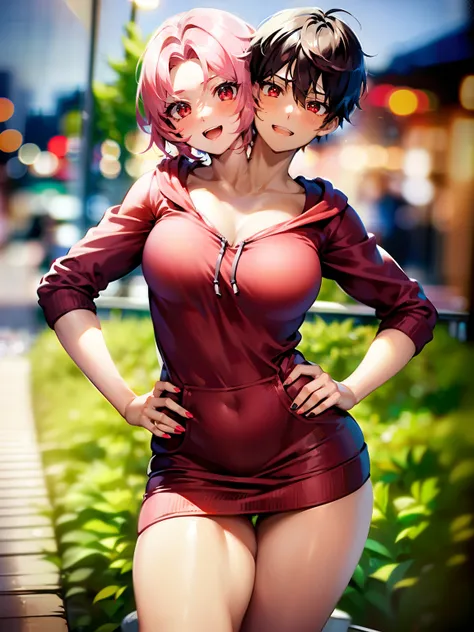 (2heads:1.1), (1boy:1.1), (male female couple), red eyes, short pink hair, short blonde hair, cute, (masculine:1.5), (masterpiece), (high quality), (best resolution), :D, cute face, black nails, looking at viewer, anime convention, beautiful background, ha...