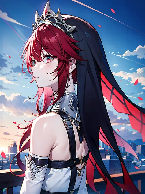 detailed, (masterpiece:1.2), (solo:1.2), (female), slender, (red hair), outdoors, sky, bangs, bare shoulders, closed_mouth, from_behind, veil, detached_sleeves, bored, expresionless