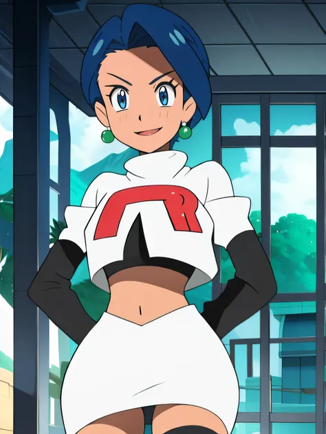 
defShamir ,earrings, glossy lips ,team rocket uniform, red letter R, white skirt,white crop top,black thigh-high boots, black elbow gloves, evil smile, hands on hipsteam rocket uniform, red letter r, white skirt,white crop top,black thigh-high boots, blac...