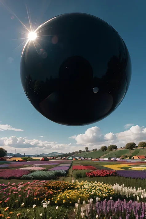 one centered black reflective sphere floating in the air, colorful landscape, bright day, flowers, 3d, in the style of vray, soft, romantic landscapes --style raw --s 200 --ar 2:3 --v 6.0 --c 3