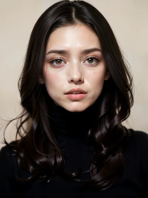 a close-up of a woman with long hair and a black turtle neck, Retrato de Sophie Mudd, portrait of a linda modelo, rosto perfeito model, Angelina Stroganova, sardas elegantes, sardas suaves, rosto perfeito ), 2 modelo feminino de 4 anos, Julia Sardenha, lin...