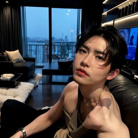 there is a man sitting on a sofa in a living room, cai xukun, 8k selfie photography, hombre surcoreano, inspirado por Zhang Han, capturado en canon eos r 6, pintar ulzzang, tomada con sony alpha 9, Steven Klein, handsome japanese demon boy, disparado con c...