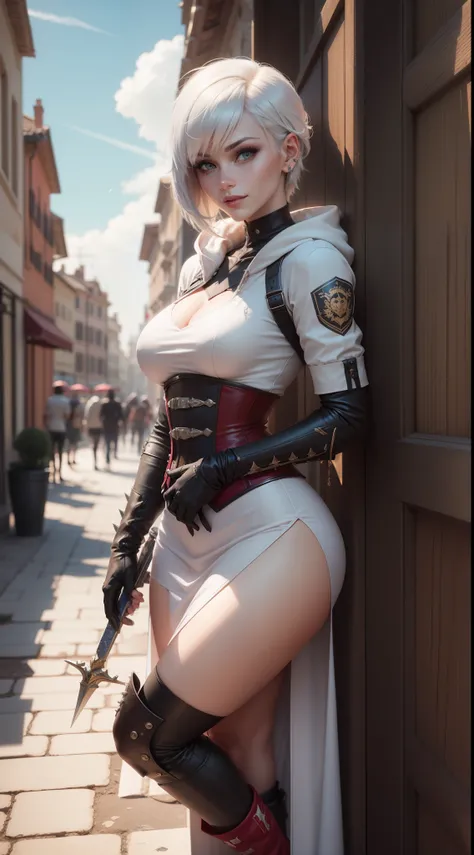 gwen tennyson,yorha 2b,tracer,yshtola rhul,overwatch,warcraft,close up,Rome,roman empire,battle arena,tattoos,white and red plugsuit,white short sleeve roman top,white and red pretorian hoodie,full body pretorian armor,roman soldier skirt,roman soldier cor...