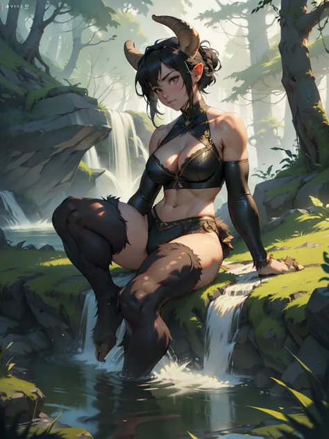 3dmm style, Masterpiece, realistic, best quality, art by chunie, (by chunie:1), (an anthro goat), female faun, short updo hair, Goat waist, hooved legs, wide hips, large breast, wearing gray satin bra, sits on grass, Dark mysterious forest, water falls