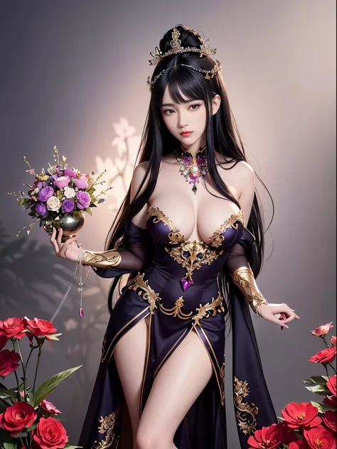 masterpiece，Highest resolution，((magic sphere))，Dynamic bust of beautiful aristocratic girl，The long black hair is elegantly tied up，（(red crown))，veil，Purple clear eyes，Hair covered with beautiful and delicate floral arrangements, crystal jewelry filigree...