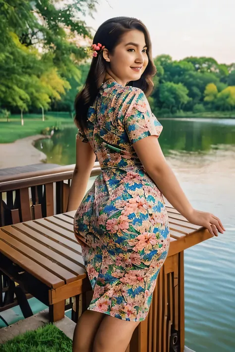 araffe woman in a floral dress leaning on a table, view from the back, photo taken from behind, from the back, shot from the back, photographed from the back, at the waterside, curvy accentuated booty, seen from the back, full length view, side shot, pictu...