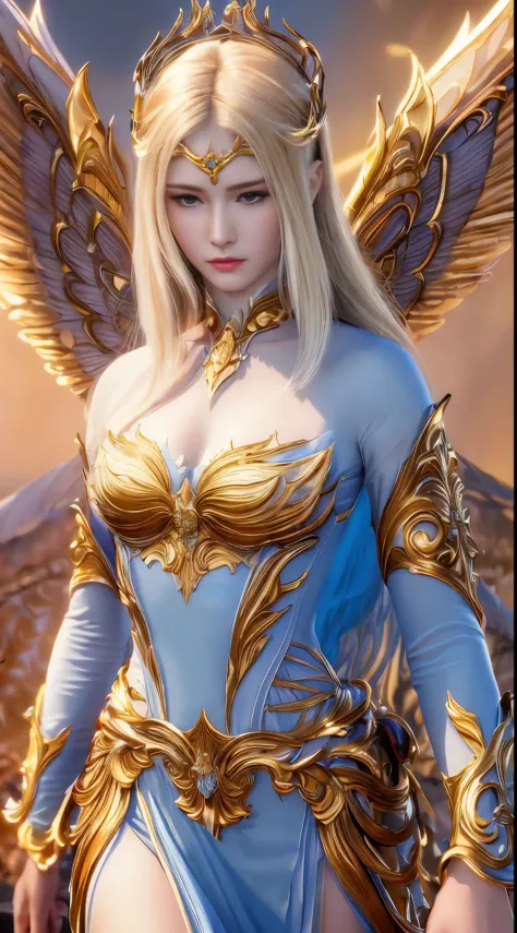 ((masterpiece, best quality;1.3)), ultra detailed, colorful, extremely detailed and beautiful background,1girl, solo, highly detailed beautiful face, beautiful face, angelic, golden colored detailed angel costume,  wings angel, feathers, fantasy landscape,...