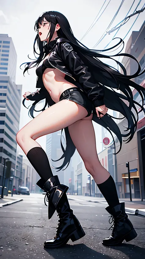 Cool girl, long black hair, belly button exposed, wearing black crew socks, boots, wearing a jacket, attacked by a monster from behind, pushed away, eyes closed, screaming, full body picture