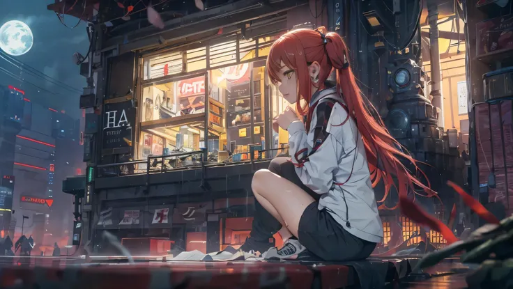 octane number, null, star (null), scenery, starry null, night, 1 girl, night null, alone, outdoor, building, cloud, 彗star, milky way, sitting, wood, bring in a small robot, long red hair, white shirt, golden eyes, black panties, Wet, sexy, cyber city, futu...