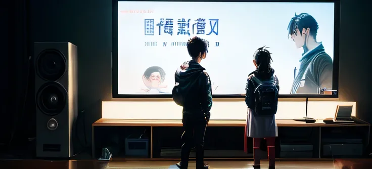 Two boys are standing in front of the big screen, ruan jia and fenghua zhong, child, Li Zixin, yiqiang and shurakrgt, cai xukun, zezhou chen, 8k!, strictjun chengt, reside, wenjun lin, Inspired by Li Shixing, strict, television, yihao ren