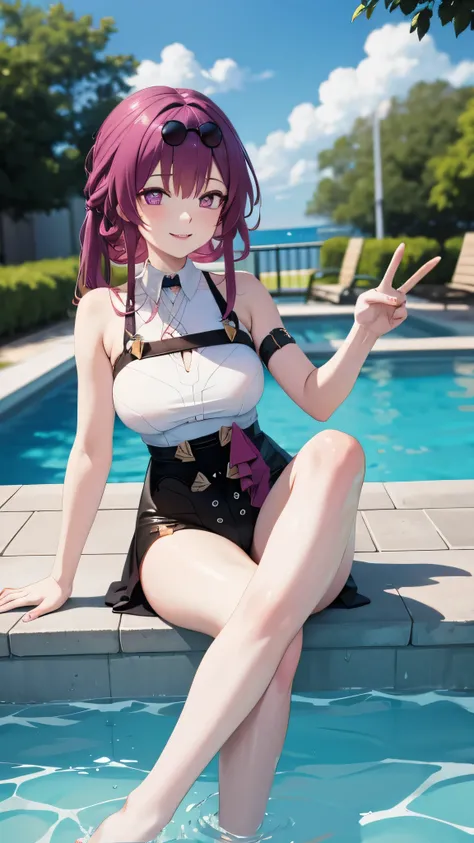 [kafka; Honkai Star rail], High quality, 4k, she is sitting on pool edge, barefoot, feet visible, peace sign, closing left eye, smiling, swimsuit.