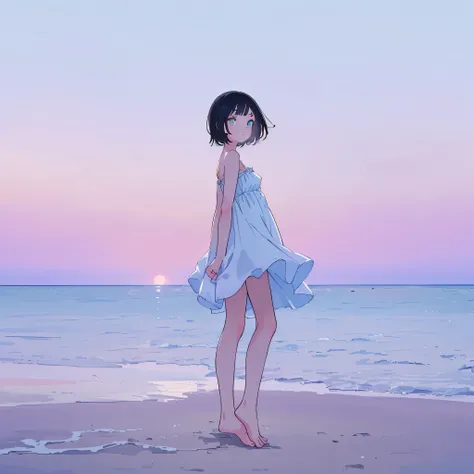 1girl wearing a plain white dress, short black hair, cyan eyes, looking at viewer, side view but her head is turned to face the camera, arms behind back, barefoot, walking at the beach, dawn, 8K, ultra detailed, masterpiece, sharp details, ultra high resol...
