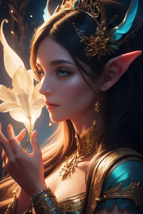 (Best quality, 4k, High-resolution, Masterpiece:1.2), Ultra-detailed, Realistic, Radiant lighting, Epoch Elves, Portraits, Fantastical colors, Fine art, Ethereal beings, Dreamlike, Whimsical creatures, Detailed facial features, Glowing eyes, Elven beauties...