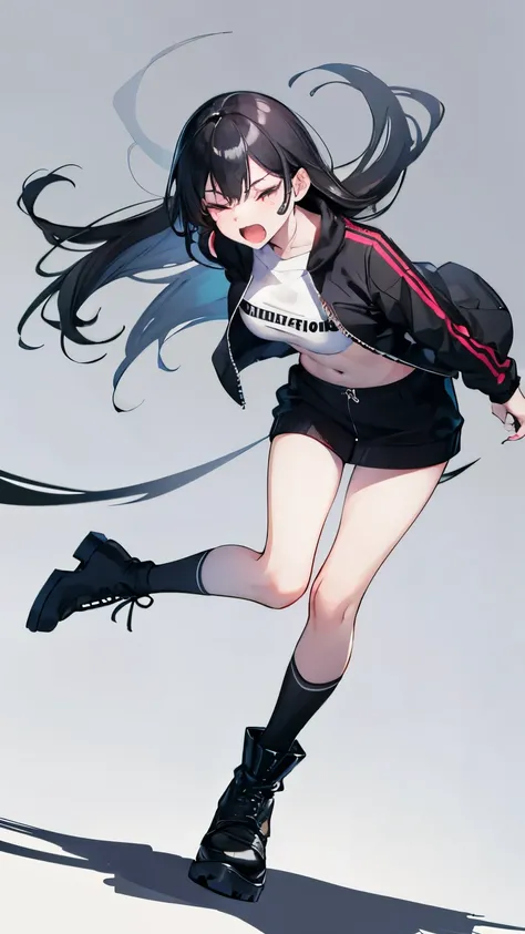 Cool girl, long black hair, belly button exposed, wearing black crew socks, boots, wearing a jacket, attacked by a monster from behind, pushed away, eyes closed, screaming, full body drawing